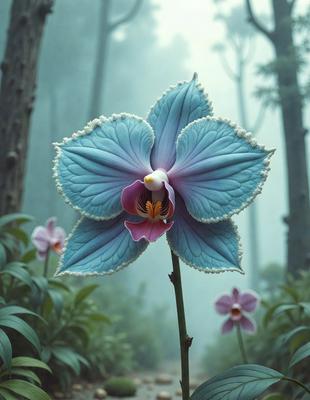 The primary subject of the image is a blue orchid flower with purple petals. The flower is situated in a forest setting, surrounded by trees and other plants. The visual style of the image is a combination of photo and digital art, creating a realistic yet artistic representation of the flower. The dominant colors in the image are blue and purple, giving the scene a serene and calming atmosphere.